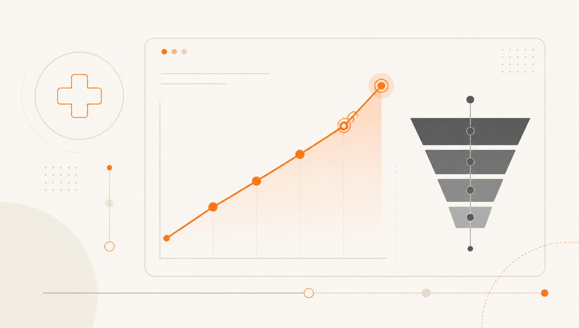 Two arcs converging into a tangerine arc, product and marketing merging into one motion