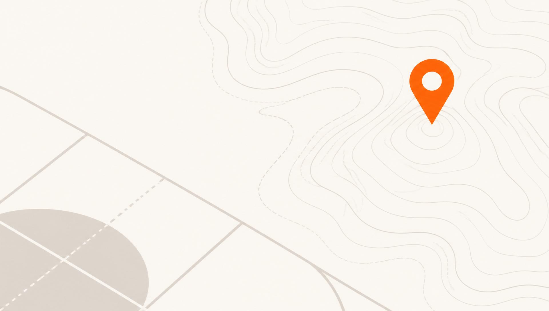 Open Play Finder — topographic map abstraction with tangerine location pin